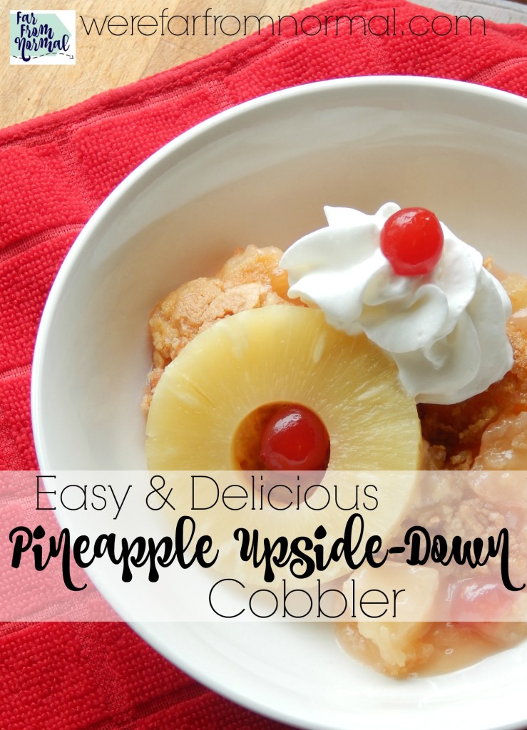 This is such an easy dessert!! All the flavor of a pineapple upside-down cake in a super easy to make cobbler! It comes together in minutes!
