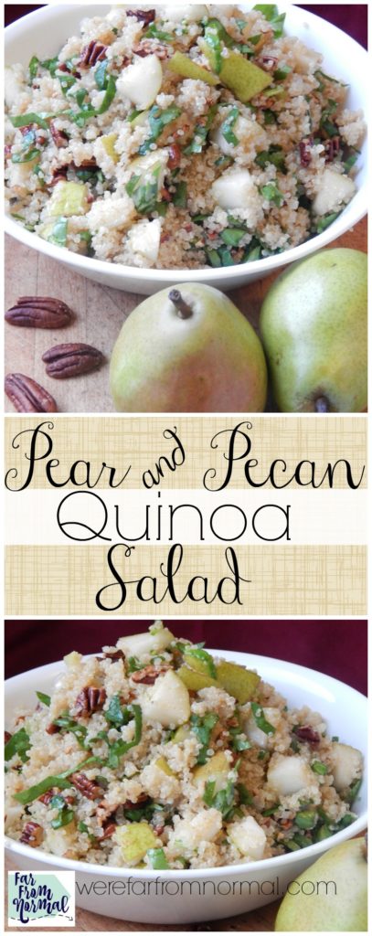 I love quinoa and this salad is perfect! Toasted pecans and pears combine with a delicious dressing for an awesome taste combination!
