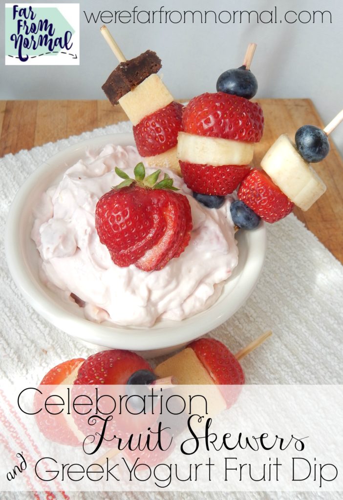 Make fruit skewers in any color combination for your party this summer! Paired with this deilcious Greek yogurt dip they're the perfect snack!