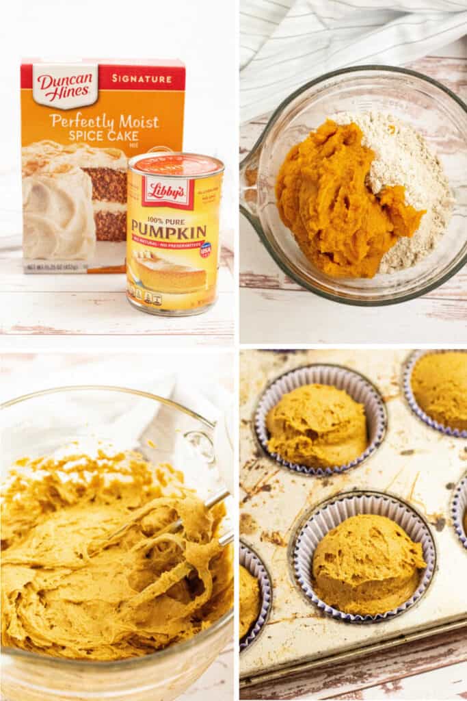 A collage showing the steps for making 2 ingredient pumpkin muffins