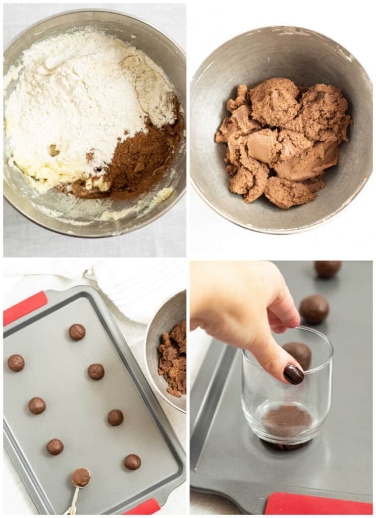 cookie step by step pictures, ingredients in a bowl, chocolate cookie dough, cookie dough balls on a cookie sheet, a glass pressing a cookie dough ball. 