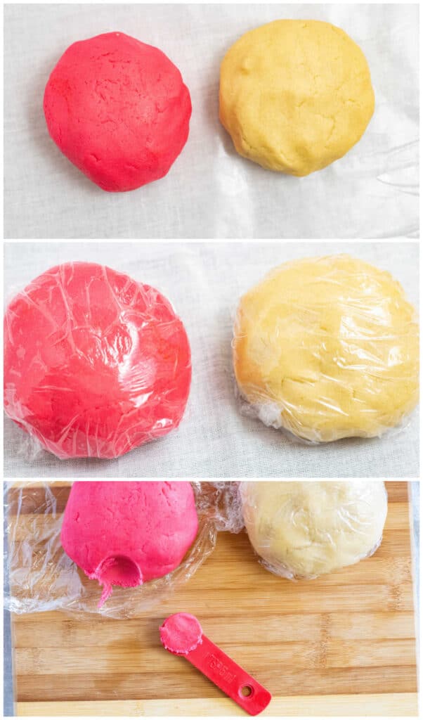 A collage of photos. Red and white dough, red and white dough wrapped in plastic wrap, red and white dough with a teaspoon removed. 