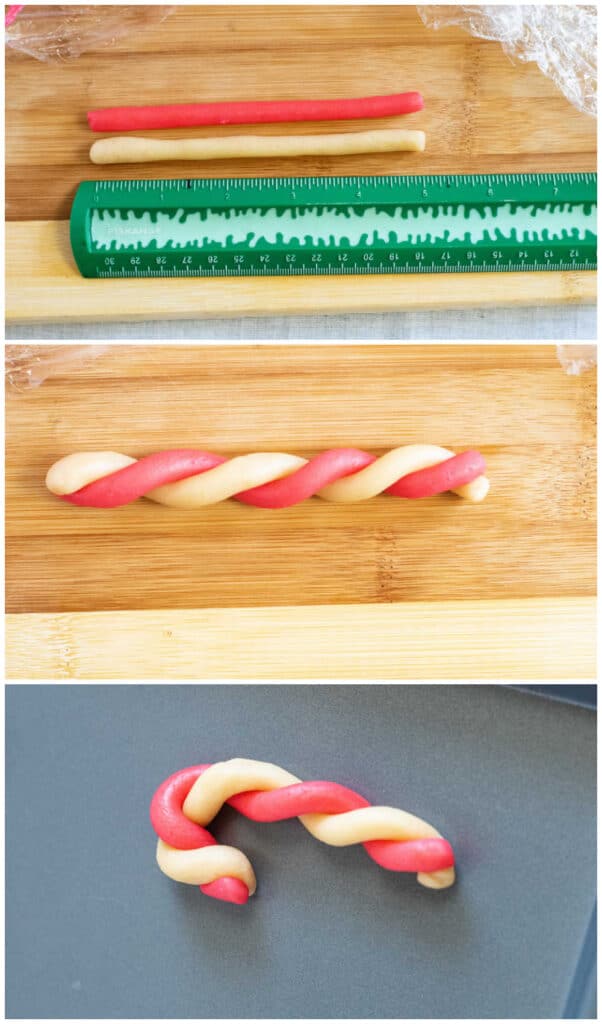 A photo collage, red and white dough ropes next to a ruler, red and white dough ropes twisted together, red and white ropes twisted together formed into a candy cane shape
