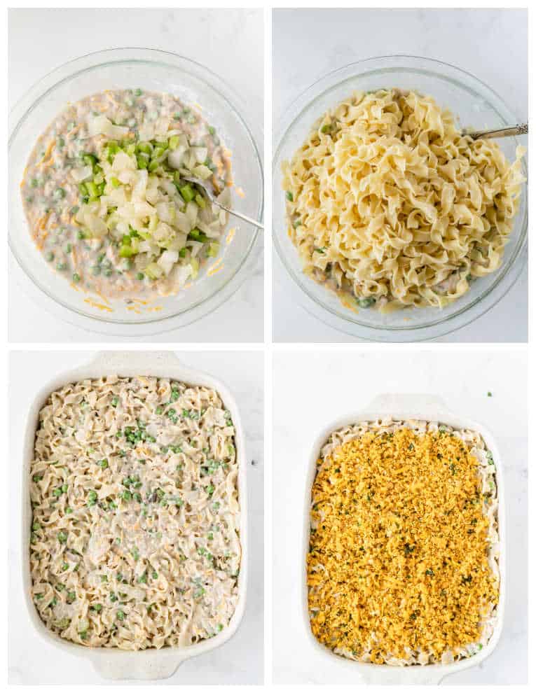 A collage of steps in making tuna noodle casserole. A bowl with ingredients mixed together, a baking pan with the mixture spread in it, and the same pan with topping added