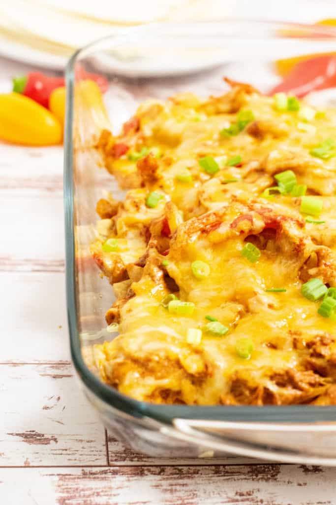 a glass pan with a cheesy casserole 