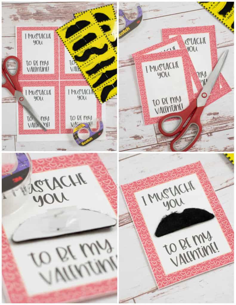 A collage of steps for making mustache valentines, the supplies- scissors, tape, fake mustaches, the valentines cut out with a pair of scissors, a mustache with a loop of tape on it and a valentine with a mustache stuck to it. 