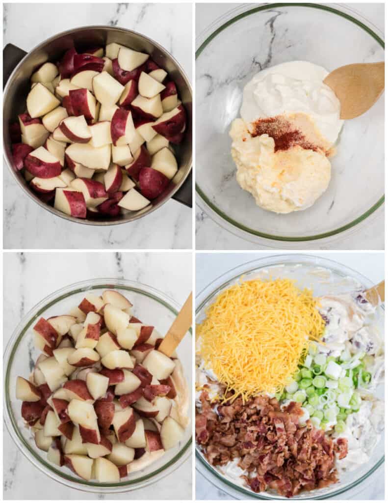 A collage with the steps for making potato salad a pan with chopped potatoes, a clear bowl with mayo and sour cream, all the ingredients added to the bowl