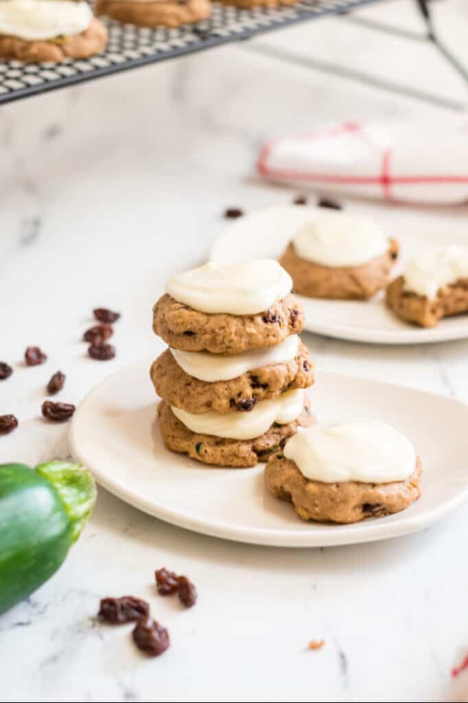 A white plate with a stack of zucchini cookies 