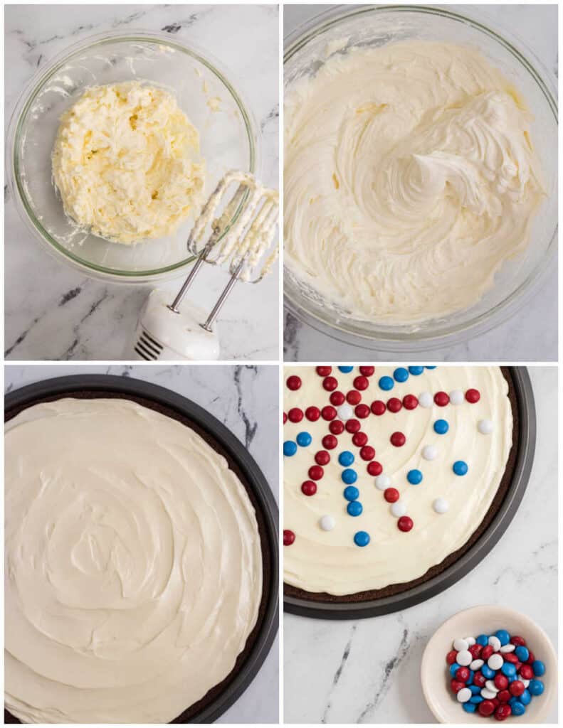 A collage showing how to make frosting and frost a brownie pizza 