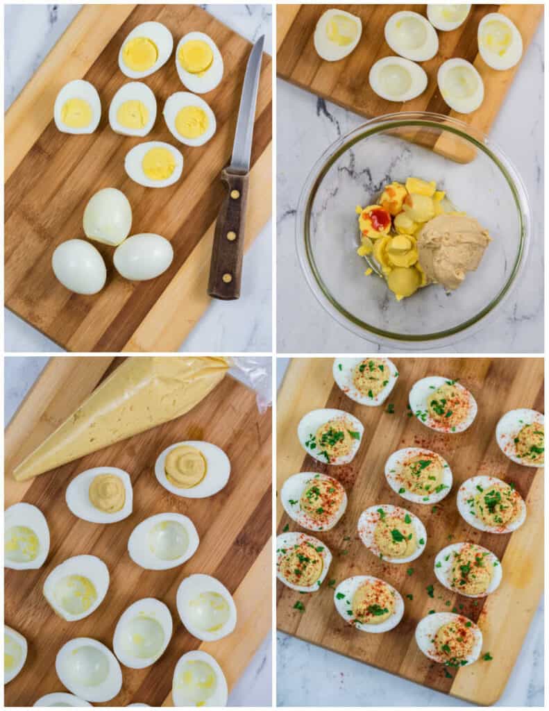 four pictures showing how to make hummus deviled eggs. The eggs being cut in half. The yolks and hummus in a glass bowl, the filling being piped into the egg whites and the final product. 