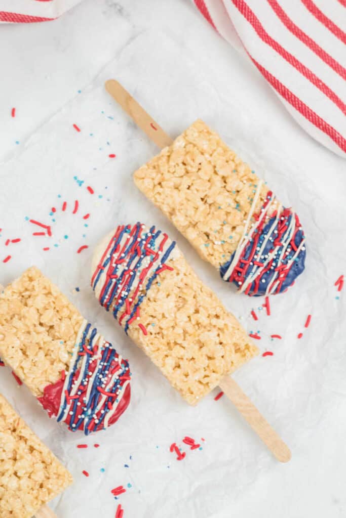 Red white and blue rice krispies treats shaped like popsicles 
