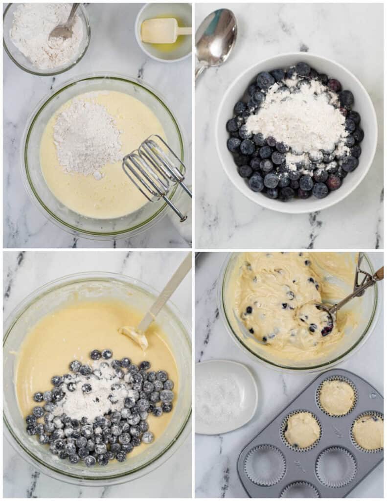 a collage of the steps for making muffins 