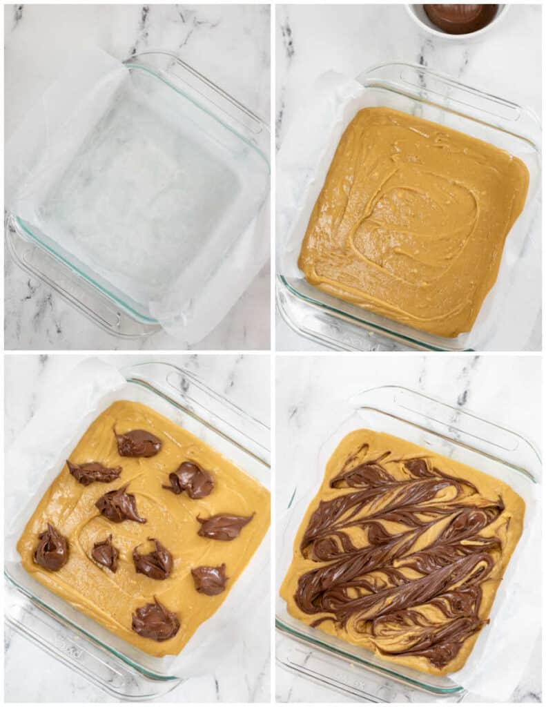 A square glass pan in one picture it is lined with parchment paper, the next with blondie batter, the next Nutella is spooned over the top, and the final picture has nutella swirled through the blondie batter. 