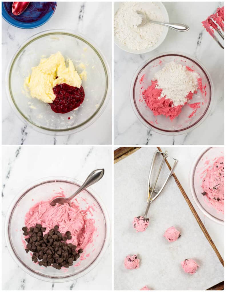 Steps for making chocolate chip raspberry cookies 