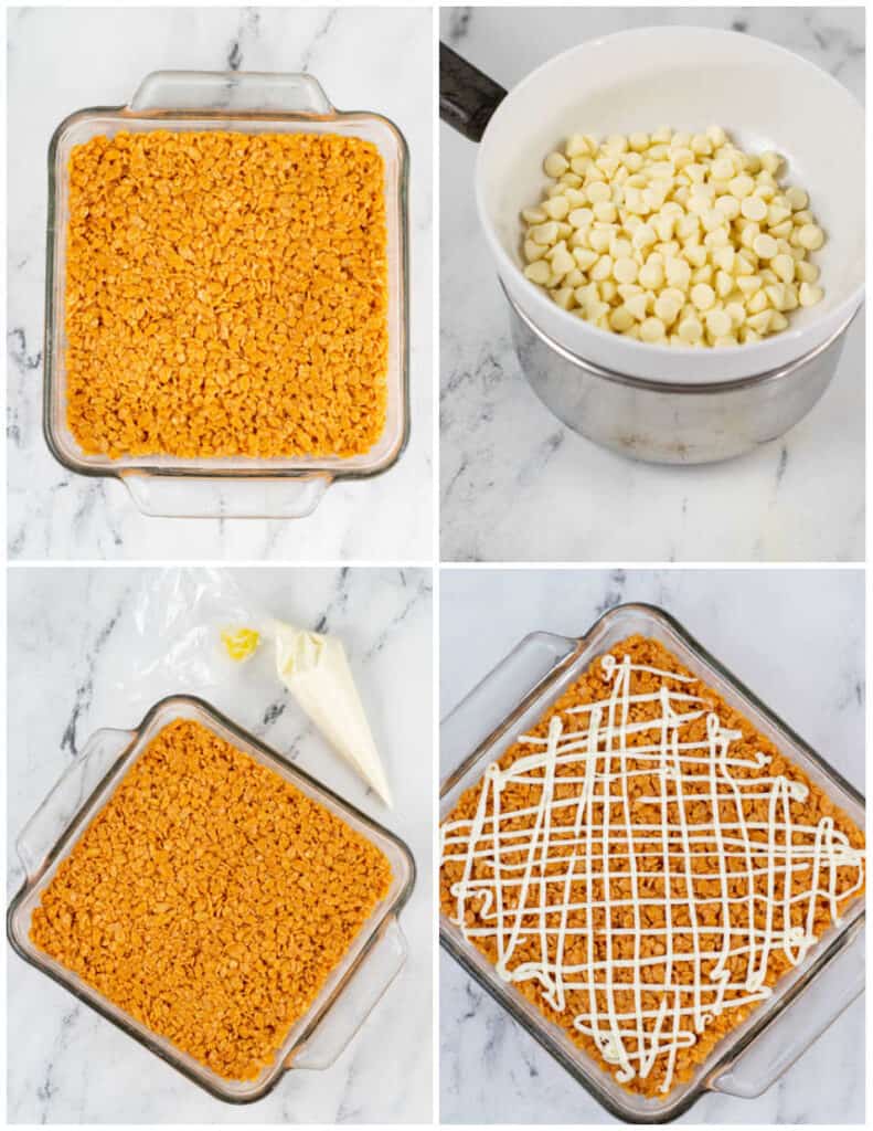 A collage of 4 pictures showing how to make pumpkin spice rice krispie treats. The fist shows a pan of treats, the second white chocolate chips in a double boiler bowl, the third the pan of treats with a piping bag full of  melted white chocolate, and the fourth the treats with white chocolate drizzled over. 