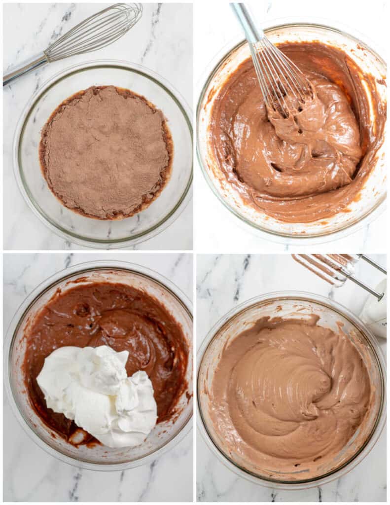 The steps for making pudding dirt cups. A bowl with the milk and instant pudding in it, the milk and pudding mixed together, the cool whip added in and whipped together. 