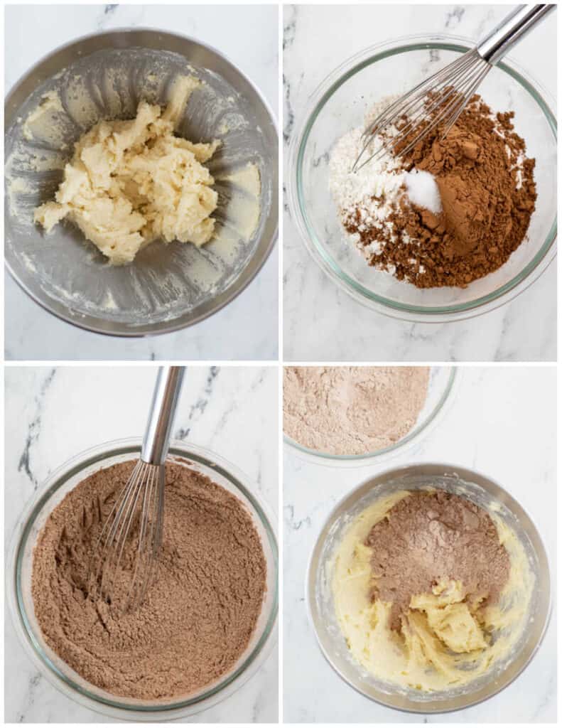 a collage of 4 pictures showing chocolate cookie dough being made 