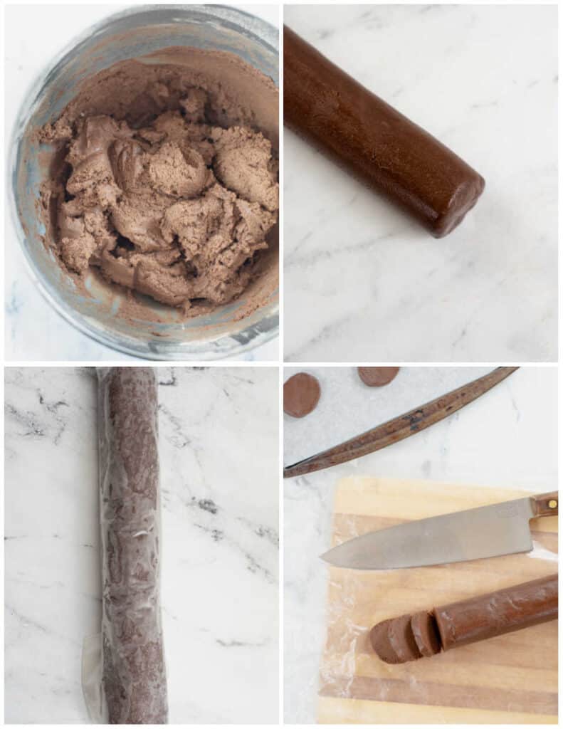 a collage of 4 pictures of chocolate cookie dough . 