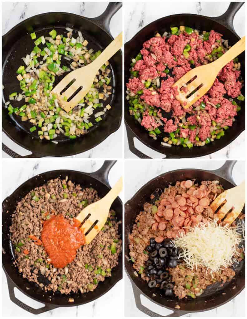 A collage of the steps for making pizza casserole. A cast iron skillet with vegetables and meat being cooked 