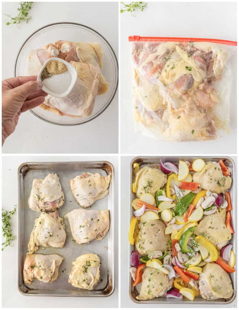 A collage of 4 pictures showing the steps for making sheet pan chicken. In the first a hand is shown seasoning a bowl full of chicken. In the second chicken is in a zip top bag with marinade. In the third the chicken in on a baking sheet. In the fourth chopped vegetables have been added to the baking sheet. 