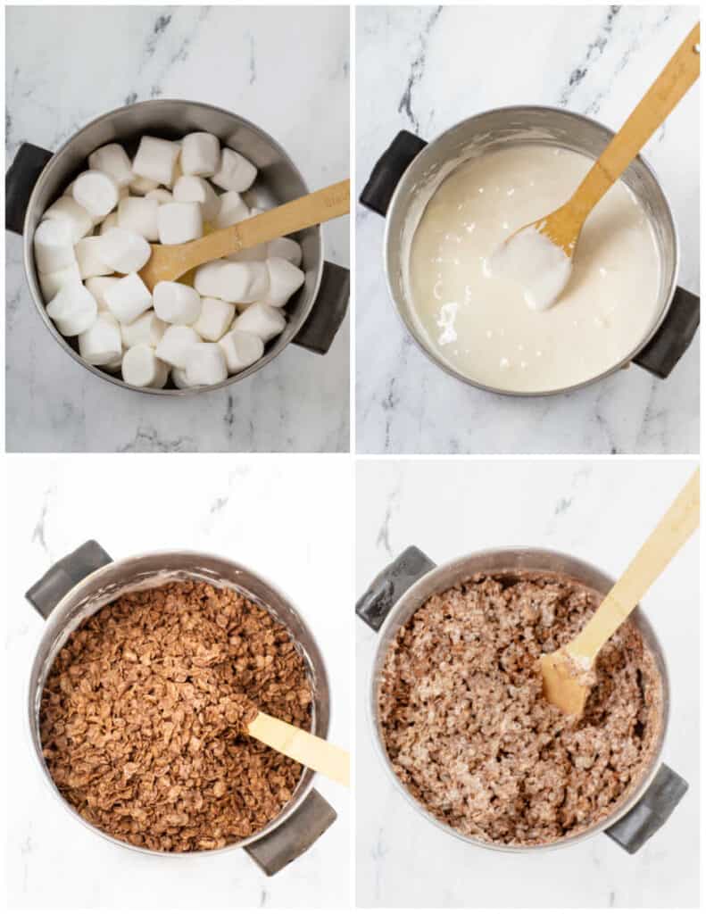 A collage of 4 pots the first has marshmallows in it, the second the marshmallows are melted, the third cocoa krispies have been added. In the fourth the marshmallows and cereal have been stirred together. 