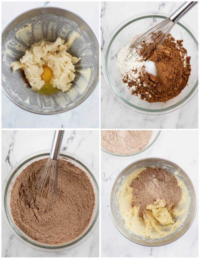 a collage of 4 bowls with the steps for making chocolate cookie dough. In the first butter and sugar have been creamed together and an egg added. In the second and third flour, cocoa powder, and corn starch have been whisked together. In the final picture the flour mixture has been added to the butte mixture. 