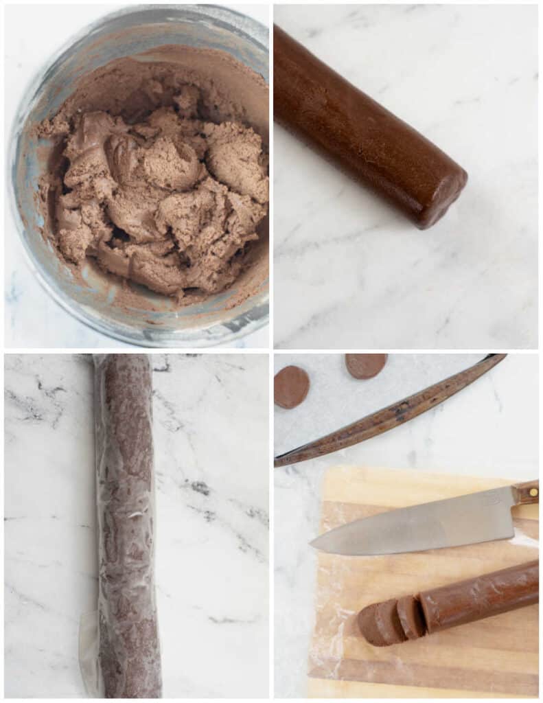 4 pictures showing how to make chocolate ice box cookies. The first shows chocolate cookie dough in a metal bowl. The second shows it formed into a cylinder, the third shows the cylinder wrapped in wax paper. The final pictures shows the dough being sliced on a wooden chopping block