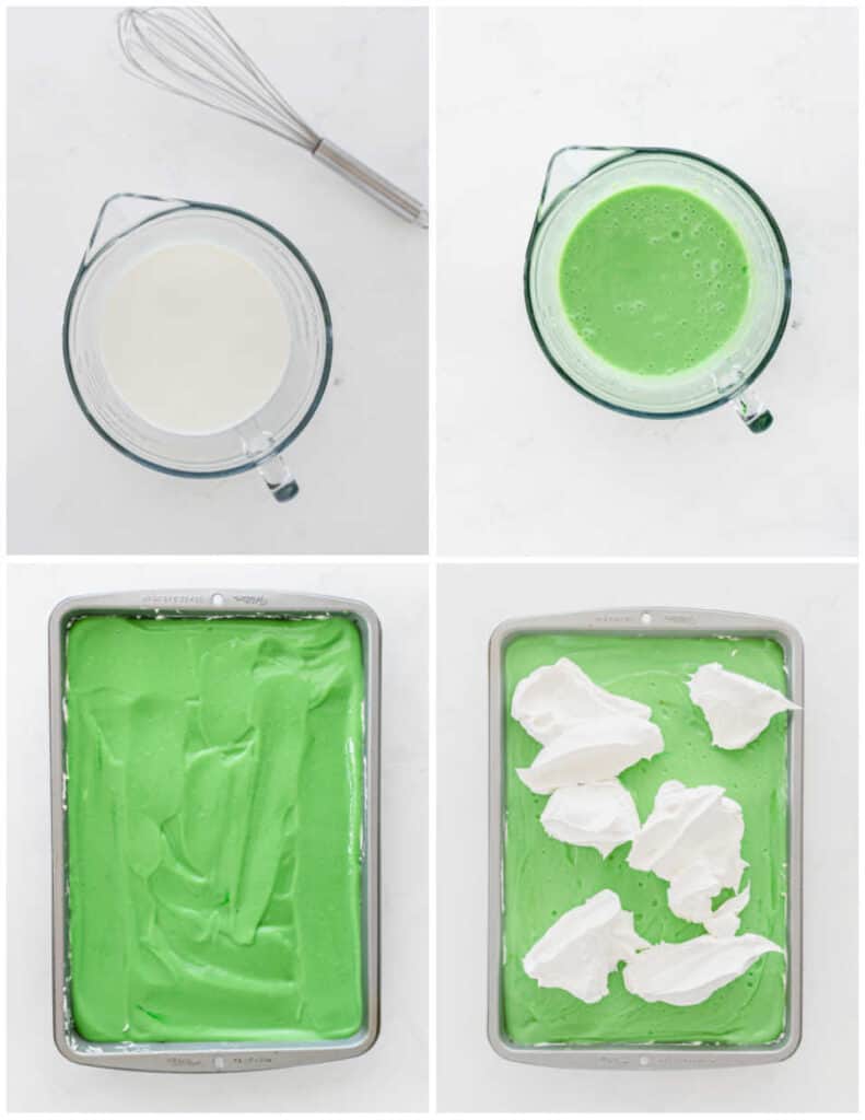 A collage of four pictures showing how to make the pudding layer for Christmas dessert lasagna. A glass mixing bowl with milk in it and a whisk on the side. A glass mixing bowl with green pudding. A baking pan with a dessert with a green pudding layer on top. The final picture shows cool whip added to the green layer. 