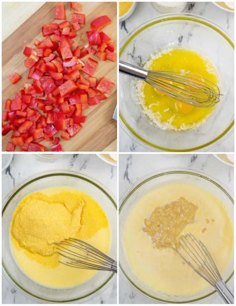 A collage of 4 pictures showing the steps for making cornbread casserole 