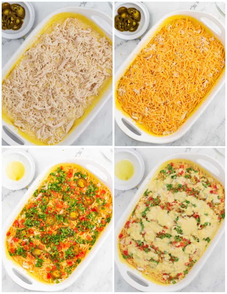 A collage of 4 pictures showing the ingredients being layered into the baking pan to assemble a cornbread casserole. 