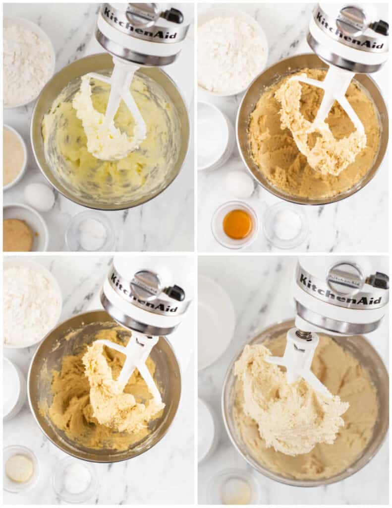 a collage of 4 pictures showing cookie dough in the bowl of a kitchen aid stand mixer. 