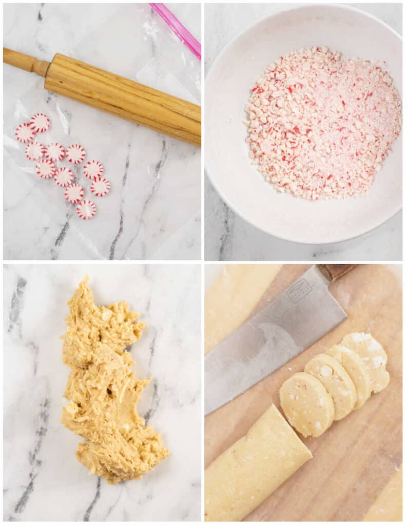 a collage of 4 pictures showing the steps for making peppermint bark cookies. One is a plastic baggie full of peppermint candies with a rolling pin. The second is a white bowl full or crushed peppermints, the third is a pile of cookie dough on a piece of wax paper. The last shows sliced cookie dough on a wooden chopping block. 