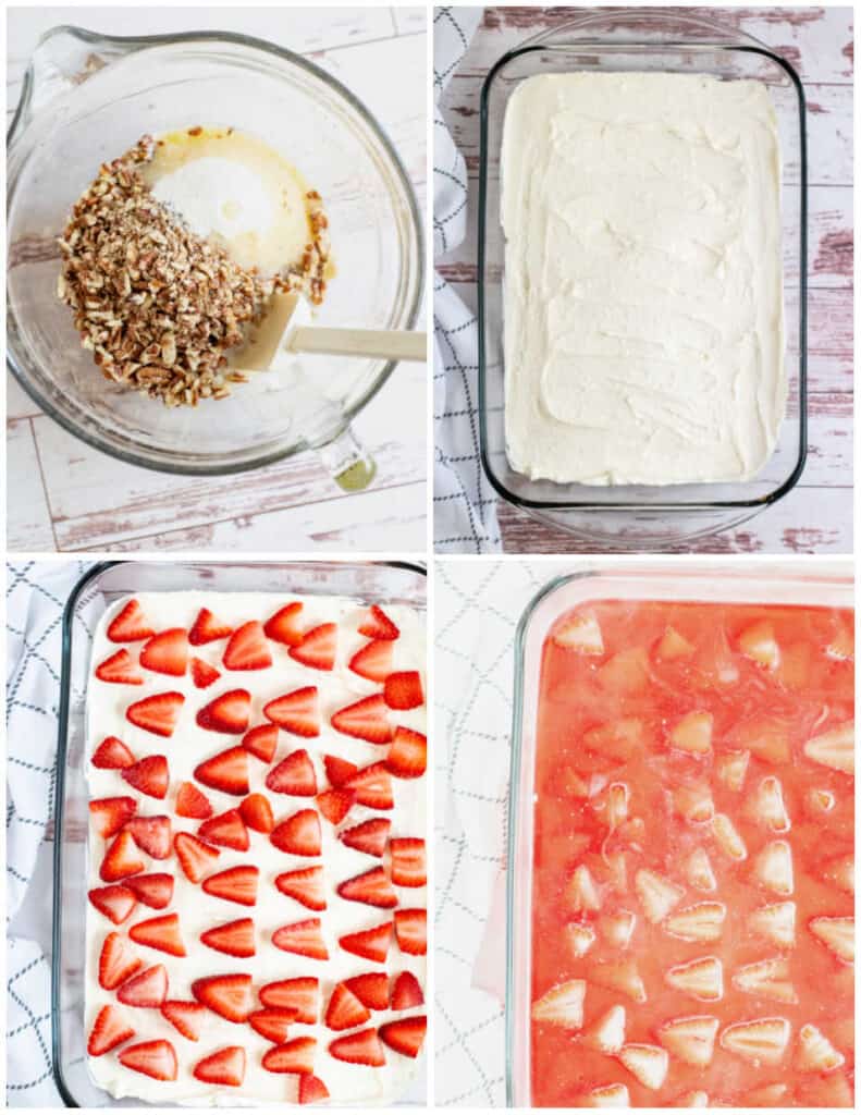 a collage of pictures showing the assembly of keto strawberry pretzel salad 