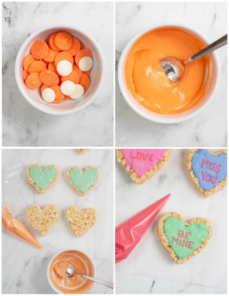 A collage of 4 pictures that show how to decorate conversation heart rice krispie treats. The first is a small bowl with orange and white candy melts in it. The second shows the same bowl with the candy melts melted. The third shows the melted candy in a piping bag next to the heart shaped rice krispie treats and the fourth shows pink candy melts in a piping bag next to a heart shaped treat that is green and reads "Be Mine" 