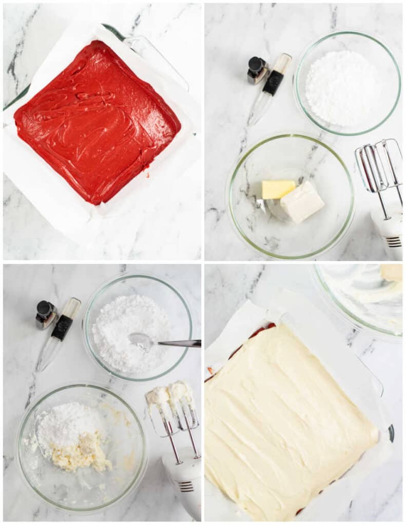 A collage of 4 pictures. The first showing red velvet brownie batter in a square pan. The second shows a mixer and two bowls, one bowl has cream cheese and butter and the other has powdered sugar, The next one shows the ingredients mixed together and the final one shows the pan of brownies frosted. 