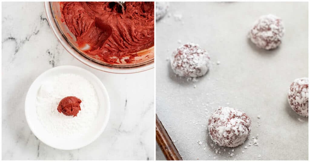 A collage of 2 pictures. The first shows a red velvet cookie dough ball in a plate of powdered sugar. The second shows the sugared cookie dough balls on a parchment lined cookie sheet. 