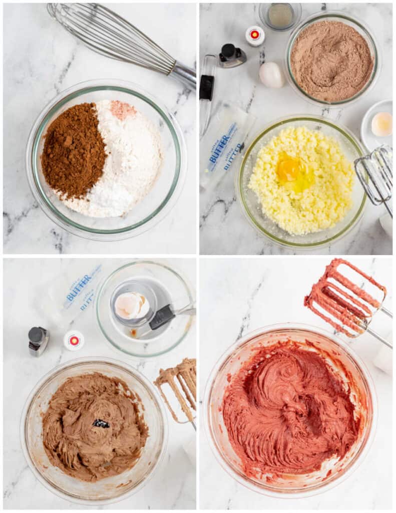A collage of 4 pictures showing the steps for making red velvet crinkle cookies. The first picture shows a clear glass bowl full of flour and cocoa powder. The second shows butter blended in a clear glass mixing bowl with an egg cracked in the center. The third shows chocolate cookie dough in a clear glass mixing bowl and in the fourth red food coloring has been added making the cookie dough red. 