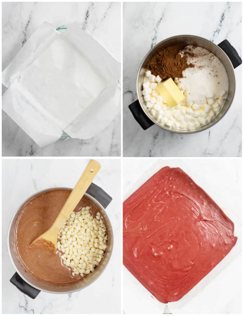 A collage of the steps for making red velvet fudge. 