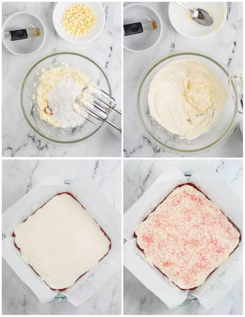 a collage of pictures showing how to make the cream cheese frosting layer of red velvet fudge. 