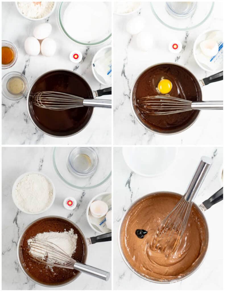 A collage of 4 pictures showing the steps for making red velvet brownies. In one there is a pan with melted chocolate and a whisk in it. In the next picture an egg has been added, in the following flour has been added, and in the final picture everything is mixed together. 