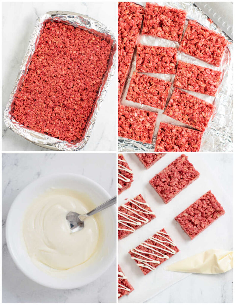A collage of four pictures showing the  making of red velvet rice krispie treats. The first shows a 9x13 pan full of treats, the second shows them cut into rectangles, the third shows melted white chocolate in a white bowl , the fourth shows the chocolate drizzled over the rice krispie treats. 