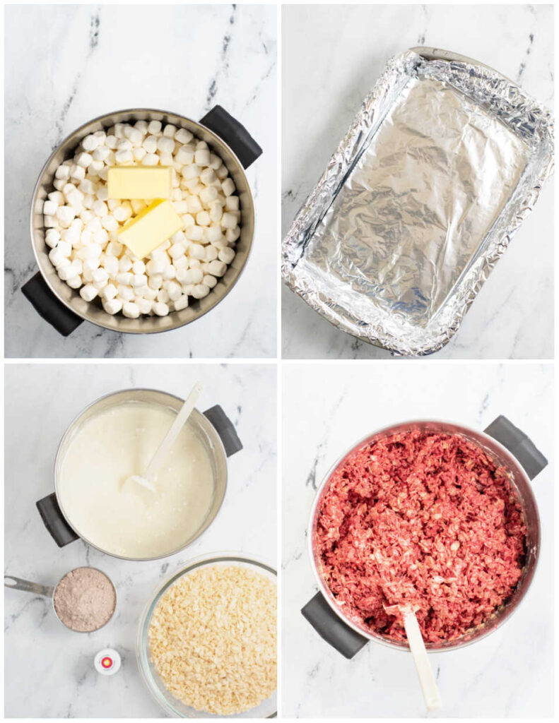 A collage of 4 pictures showing the steps for making red velvet rice krispie treats. The first picture shows a  large pot with marshmallows and butter, the second a 9x13 baking pan lined with foil, the third shows the pan with the marshmallow melted next to a bowl of rice cereal, a measuring cup full of cake mix and red gel food coloring. The final picture shows all of the ingredients mixed together. 