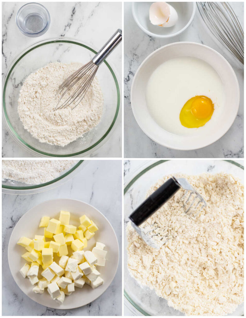 A collage of four pictures showing how to make everything bagel scones. The first shows a glass bowl with the dry ingredients being whisked together. The second shows a white bowl with the egg and milk in it, the third shows a plate with butter and cream cheese cubed on it and the fourth shows the butter and cream cheese being mixed into the flour with a pastry blender. 