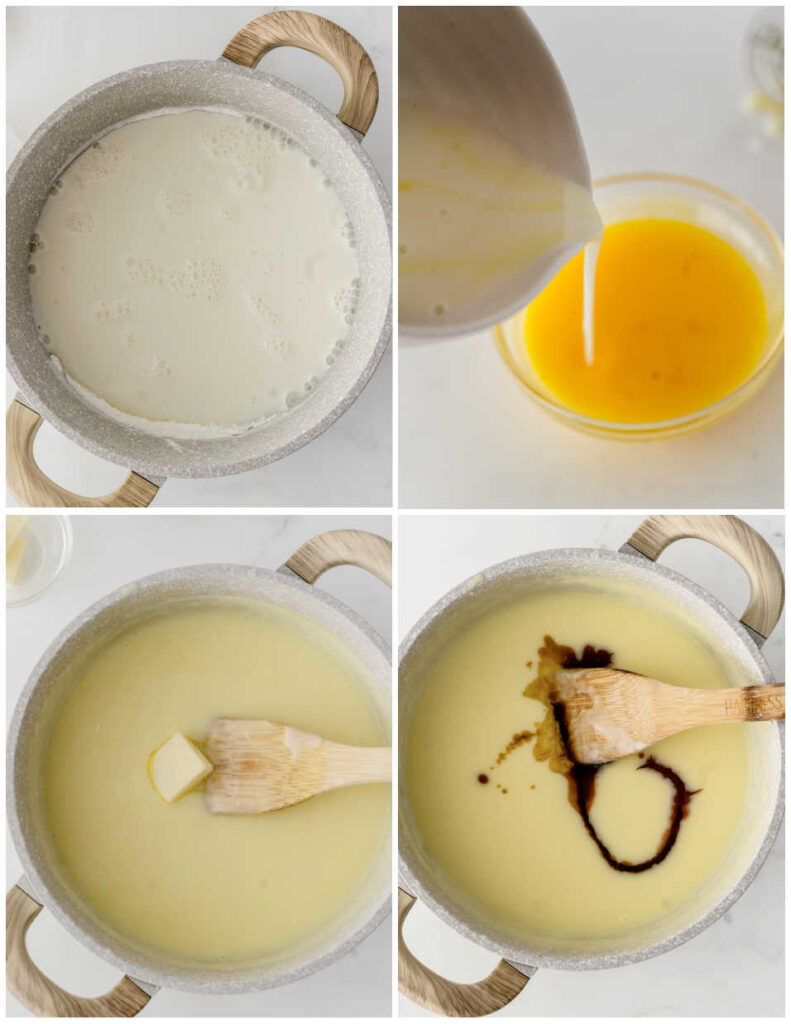 A collage showing the steps for making homemade pudding. The first shows the pan with sugar, milk and corn starch in it. The second shows egg yolks being tempered. The third butter has been added to the pan and the fourth vanilla has been added. 