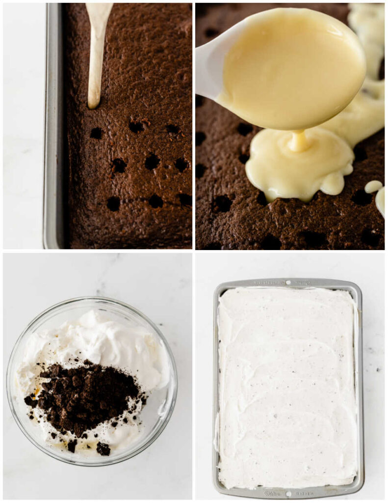 A collage of 4 pictures showing how to make Oreo poke cake. The first shows the handle of a wooden spoon poking holes in a chocolate cake. The second shows a spoon pouring vanilla pudding onto the cake. The third shows crushed Oreo cookies and whipped topping in a bowl and the fourth shows the whipped topping mixture spread on the cake. 
