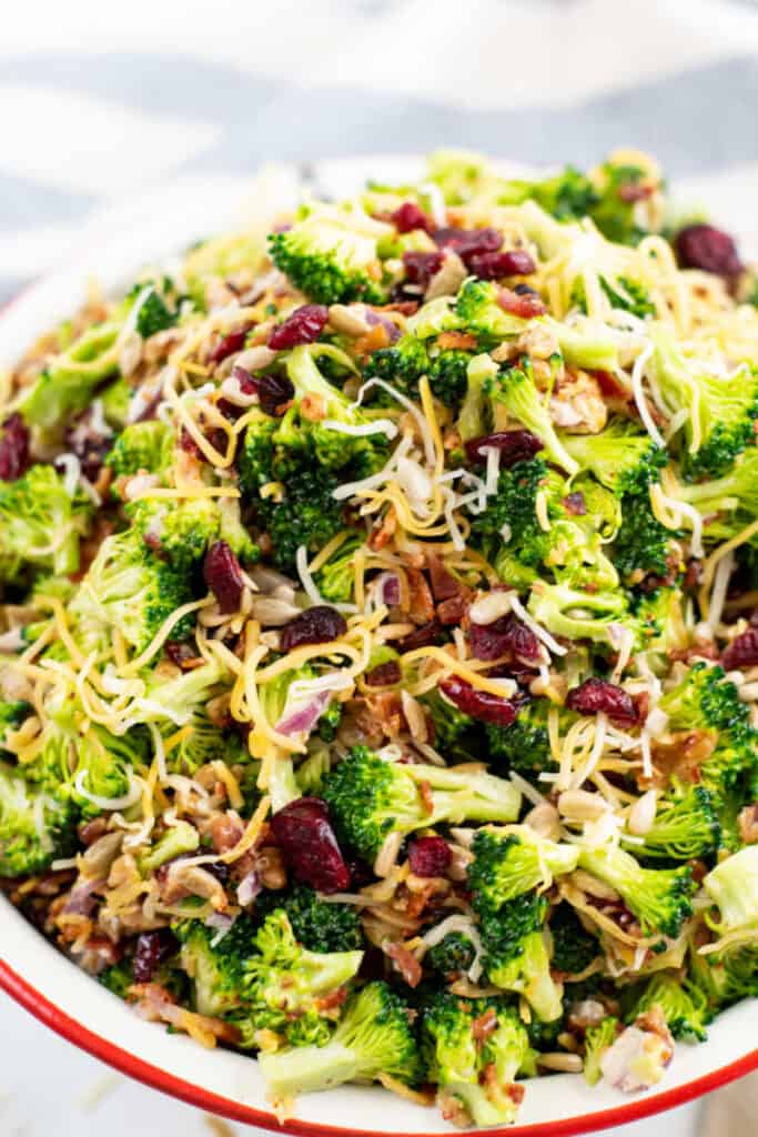 A close up of broccoli salad