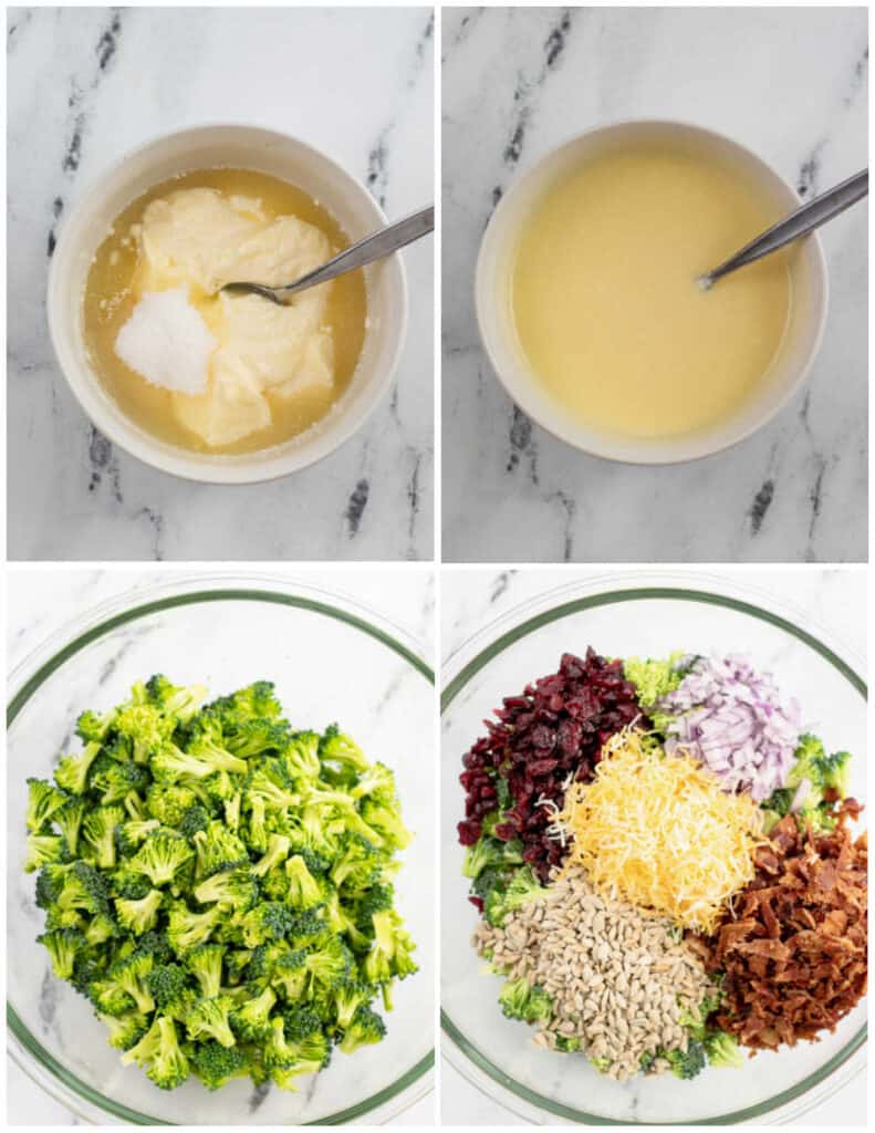 A collage of four pictures showing how to make broccoli salad 