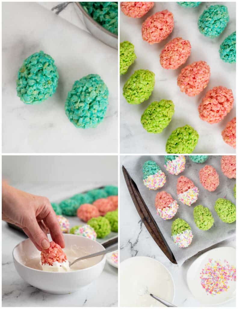 A collage of four pictures showing how to make Easter egg rice krispies treats. The first shows two blue egg shaped treats and the second shows rows of egg shaped treats in blue, pink and green. The next picture shows a hand dipping a pink egg into melted white chocolate and the final picture shows pink, blue and green egg shaped rice krispie treats that have been dipped in white chocolate and sprinkled with sprinkles. 