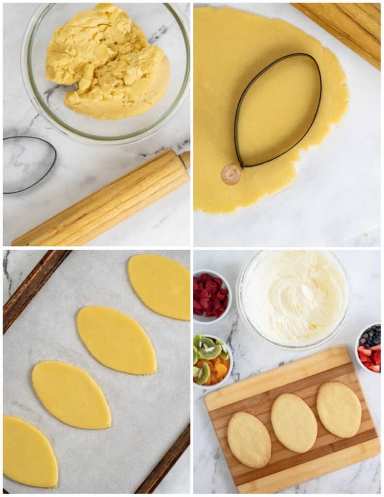 A collage of four pictures showing how to make egg shaped sugar cookies. The first shows a bowl of sugar cookie dough with a rolling pin and cookie cutter. The second shows the dough rolled out and being cut with a cookie cutter, the third shows egg shaped cookie dough on a parchment lined baking sheet, and the final picture shows the cookies baked and ready to be topped with frosting and chopped fruits and berries.