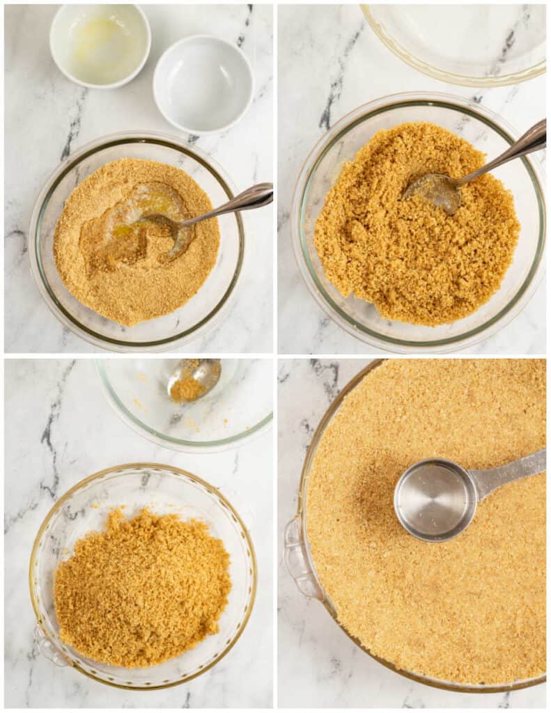 A collage of four pictures showing graham cracker crust being made. In the first there is a mixing bowl with graham cracker crumbs, melted butter and a spoon, in the next they have been mixed together to create a wet sand like mixture. In the third that mixture has been placed in a glass pie pan, and in the final pic the mixture is being pressed into the pan with a metal measuring cup. 